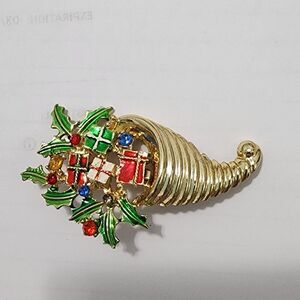 Vtg BJ Beatrix Brooch Pin Christmas Cornucopia Metal Enamel Rhinestones Presents